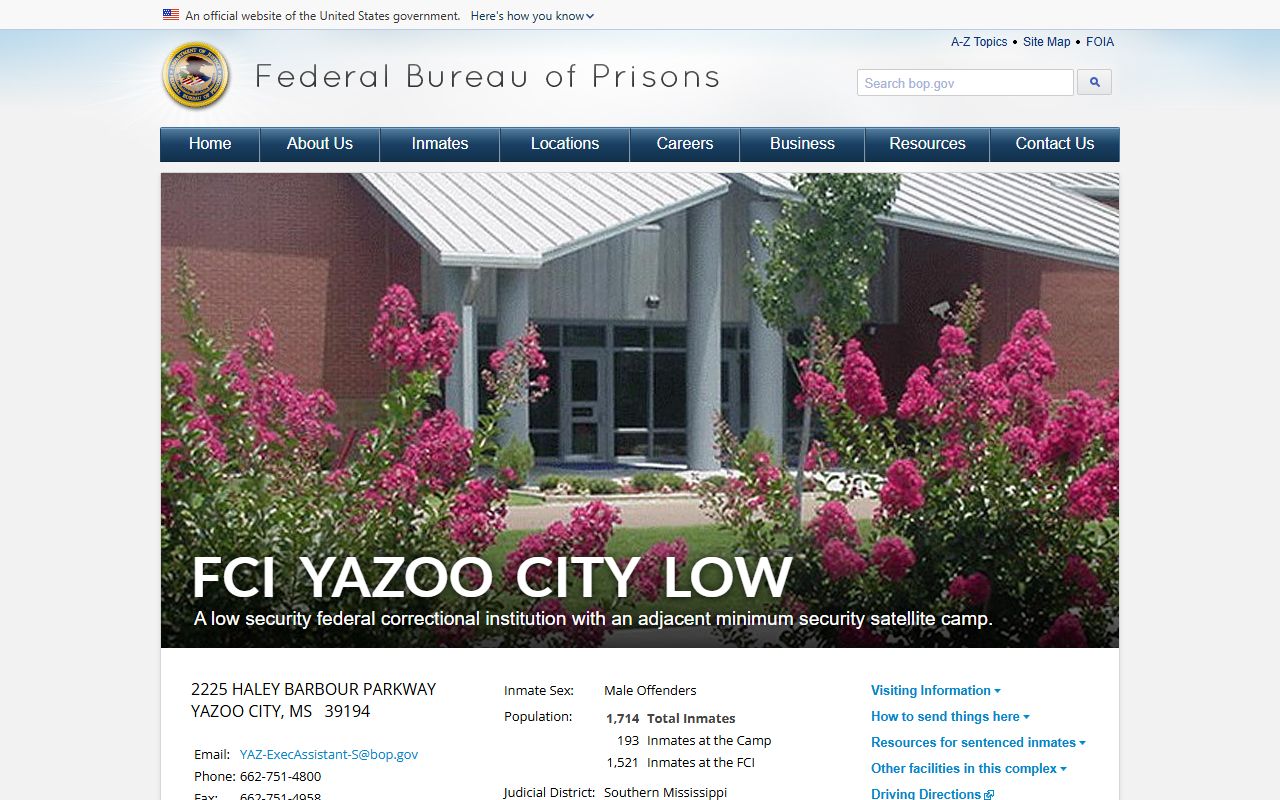 FCI Yazoo City Low BOP federal inmate facility page