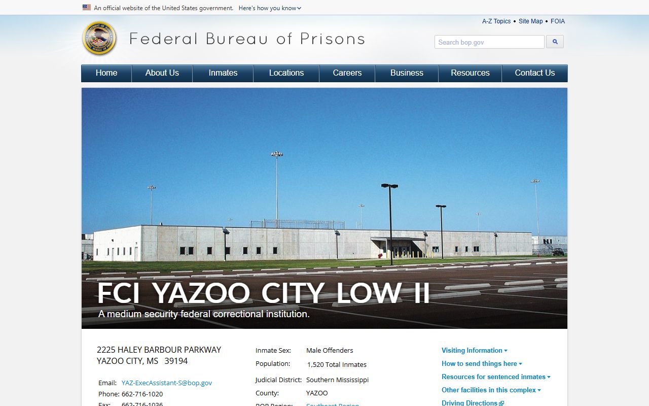 FCI Yazoo City Low II BOP inmate custody facility page