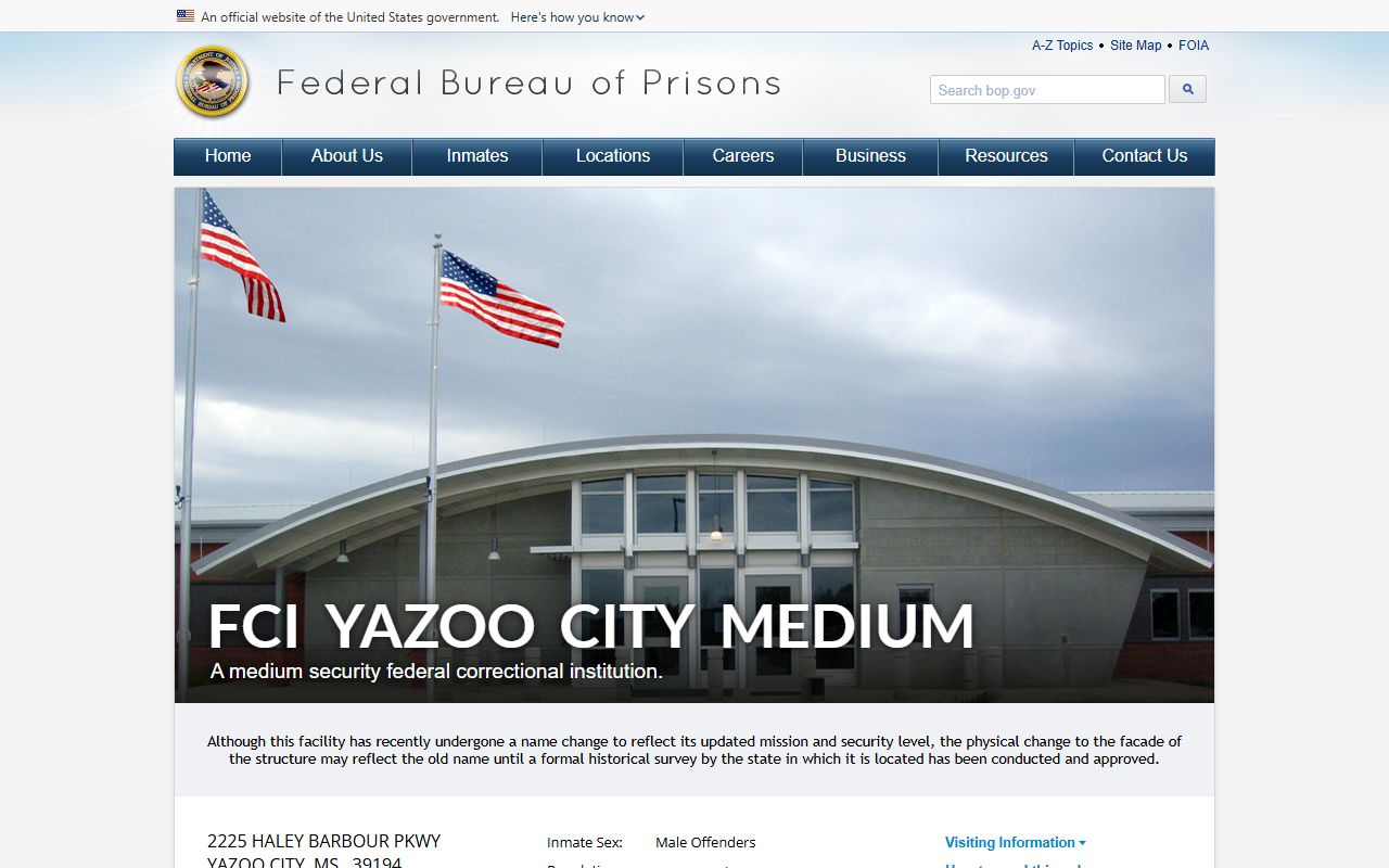 FCI Yazoo City Medium BOP inmate records facility page