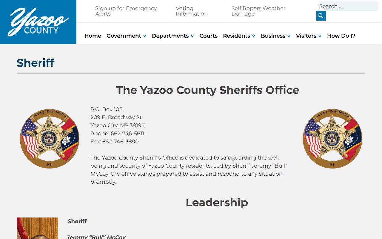 Yazoo County Sheriff's Office page with sheriff contact information